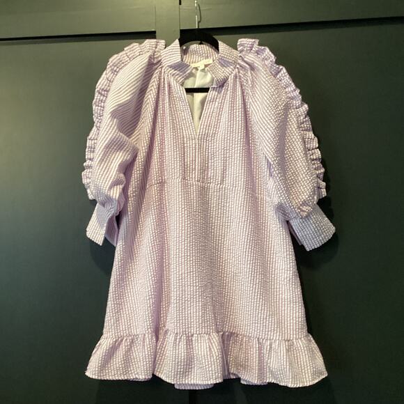 Karlie Seersucker Ruffle shift girlie long sleeve mini Dress purple Lilac S - Picture 8 of 11